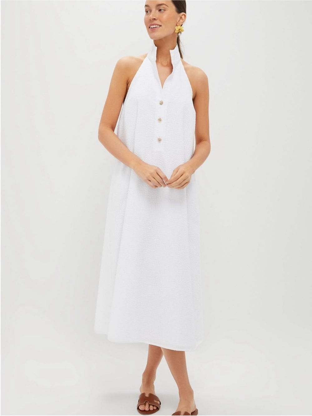 Tuckernuck White Seersucker Jagger Dress Halter Collared Dress gold buttons M